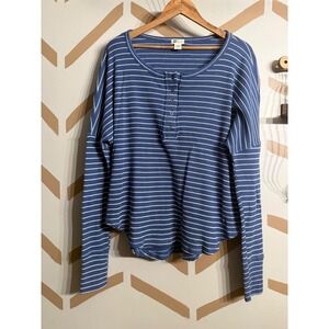 Billabong Henley Top Womens Small Blue Striped Long Sleeve Waffle Knit Thermal